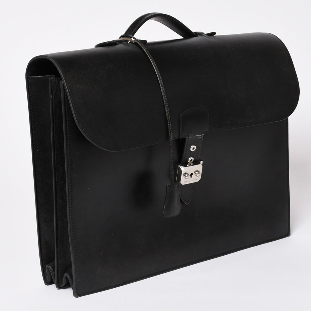 HERMES Sac Adepeche Briefcase Business Bag Black Silver Hardware B Engraved Leather Good Condition Used 4a003276