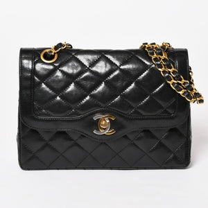 CHANEL Paris Limited Matelasse Chain Shoulder Bag W Flap Lambskin Black SV x GD Hardware 2nd Edition Coco Mark Good Condition Used 4a003277