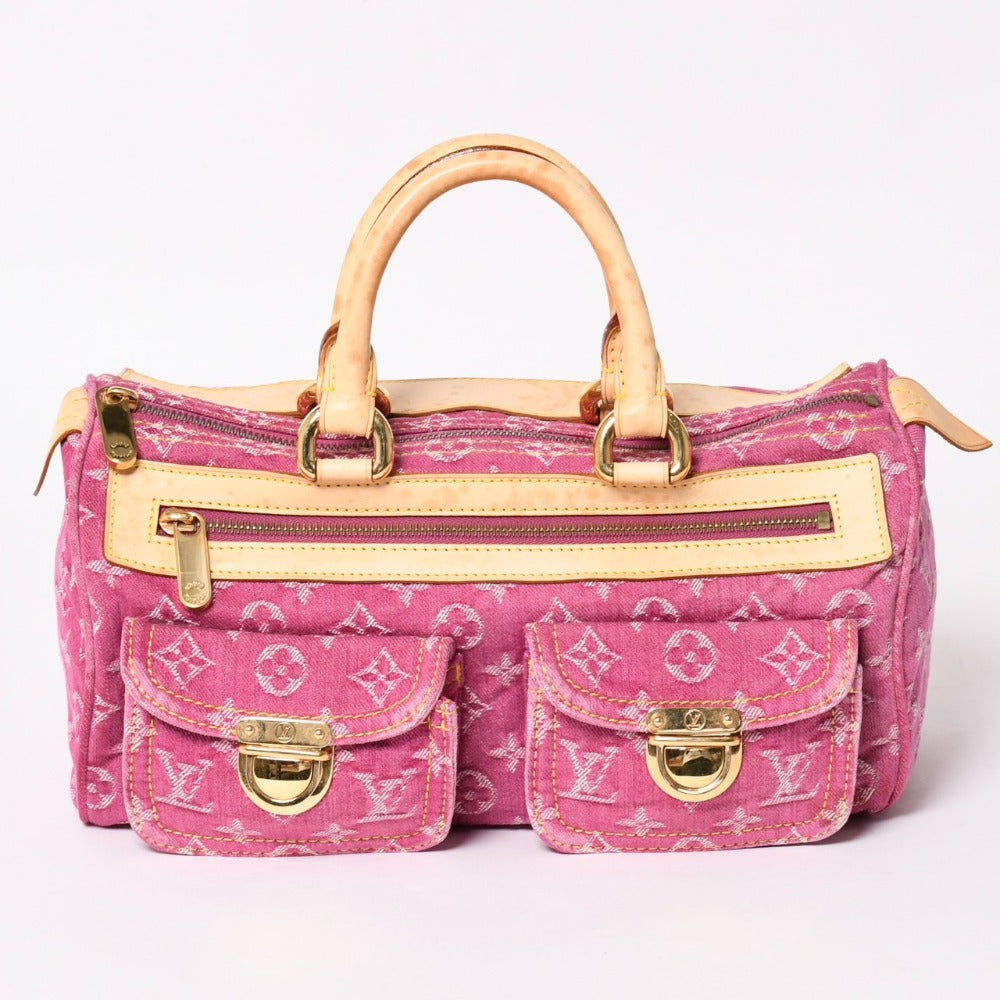 Very Good Condition LOUIS VUITTON Neo Speedy Handbag M95214 Monogram Denim Gold Hardware Pink Used 4a003359