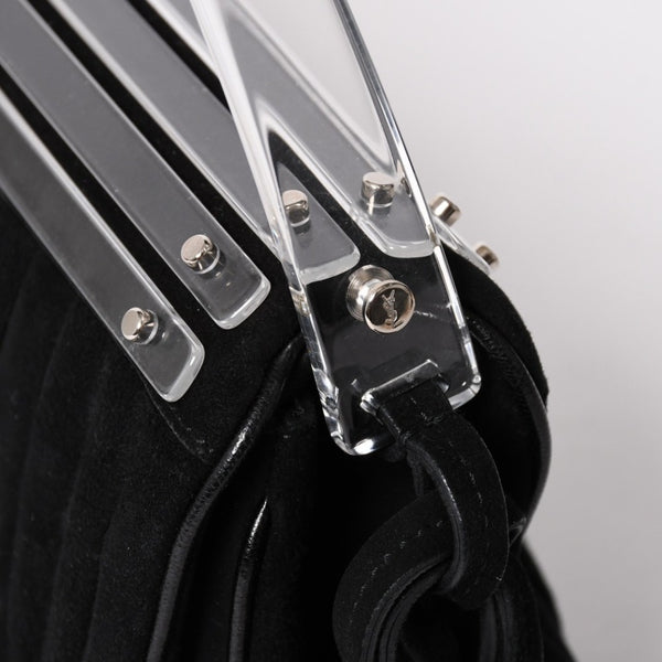 極美品 SAINT LAURENT サンローラン リヴゴーシュ スウェードクラッチバッグ ハンドバッグ ブラック シルバー金具 フラップ 中古 4a003038