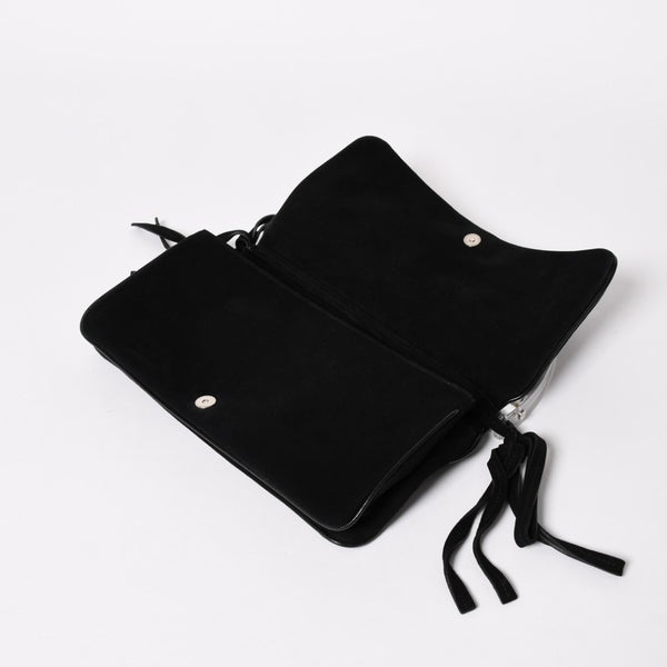 極美品 SAINT LAURENT サンローラン リヴゴーシュ スウェードクラッチバッグ ハンドバッグ ブラック シルバー金具 フラップ 中古 4a003038