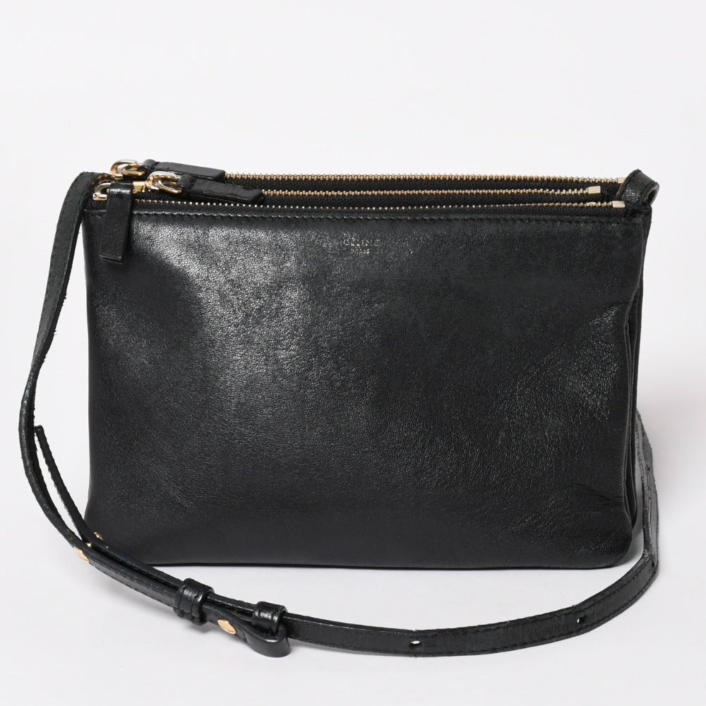 CELINE セリーヌ スモールトリオ Shoulder Bag ショルダーバッグ ブラック ゴールド金具 レザー 美品 中古 4a003012