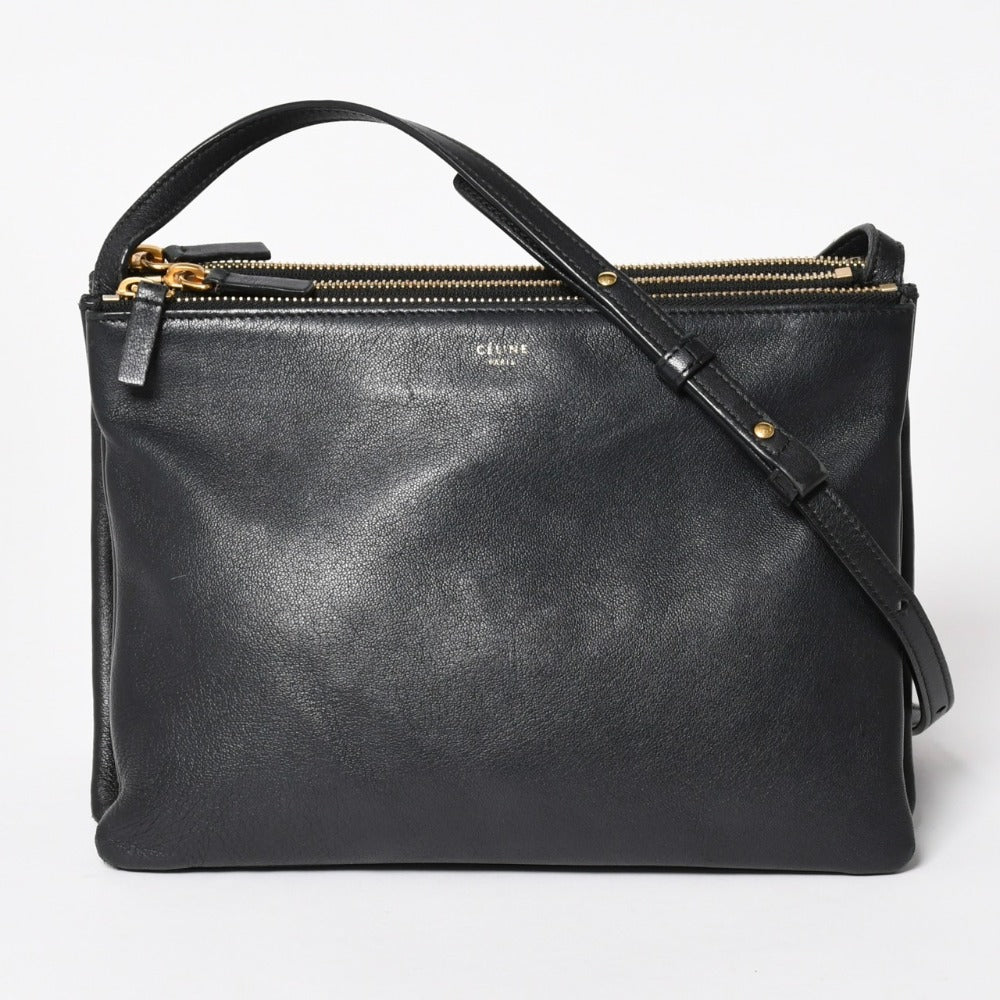 Very good condition CELINE Trio shoulder bag clutch bag black leather gold hardware used 4a002911
