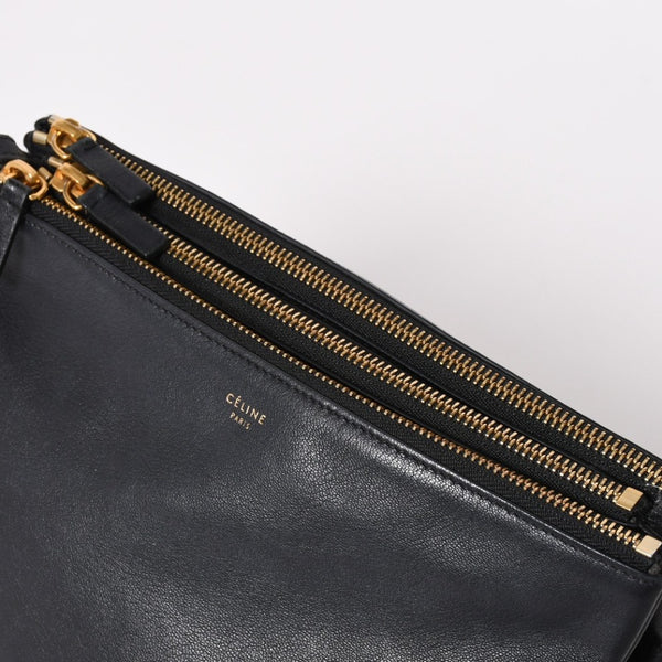 極美品 CELINE セリーヌ トリオ ショルダーバッグ クラッチバッグ ブラック レザー ゴールド金具 中古 4a002911