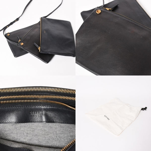 極美品 CELINE セリーヌ トリオ ショルダーバッグ クラッチバッグ ブラック レザー ゴールド金具 中古 4a002911