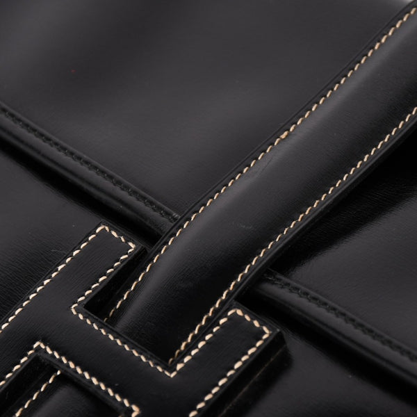 HERMES エルメス ジジェGM クラッチバック ハンドバッグ ボックスカーフ カーフレザー ブラック ホワイトステッチ V F310 美品 中古 4a003023