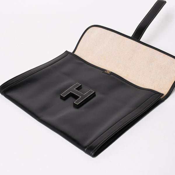 HERMES エルメス ジジェGM クラッチバック ハンドバッグ ボックスカーフ カーフレザー ブラック ホワイトステッチ V F310 美品 中古 4a003023