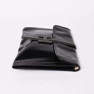 HERMES エルメス ジジェGM クラッチバック ハンドバッグ ボックスカーフ カーフレザー ブラック ホワイトステッチ V F310 美品 中古 4a003023