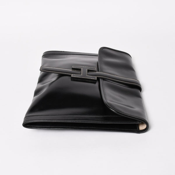 HERMES エルメス ジジェGM クラッチバック ハンドバッグ ボックスカーフ カーフレザー ブラック ホワイトステッチ V F310 美品 中古 4a003023