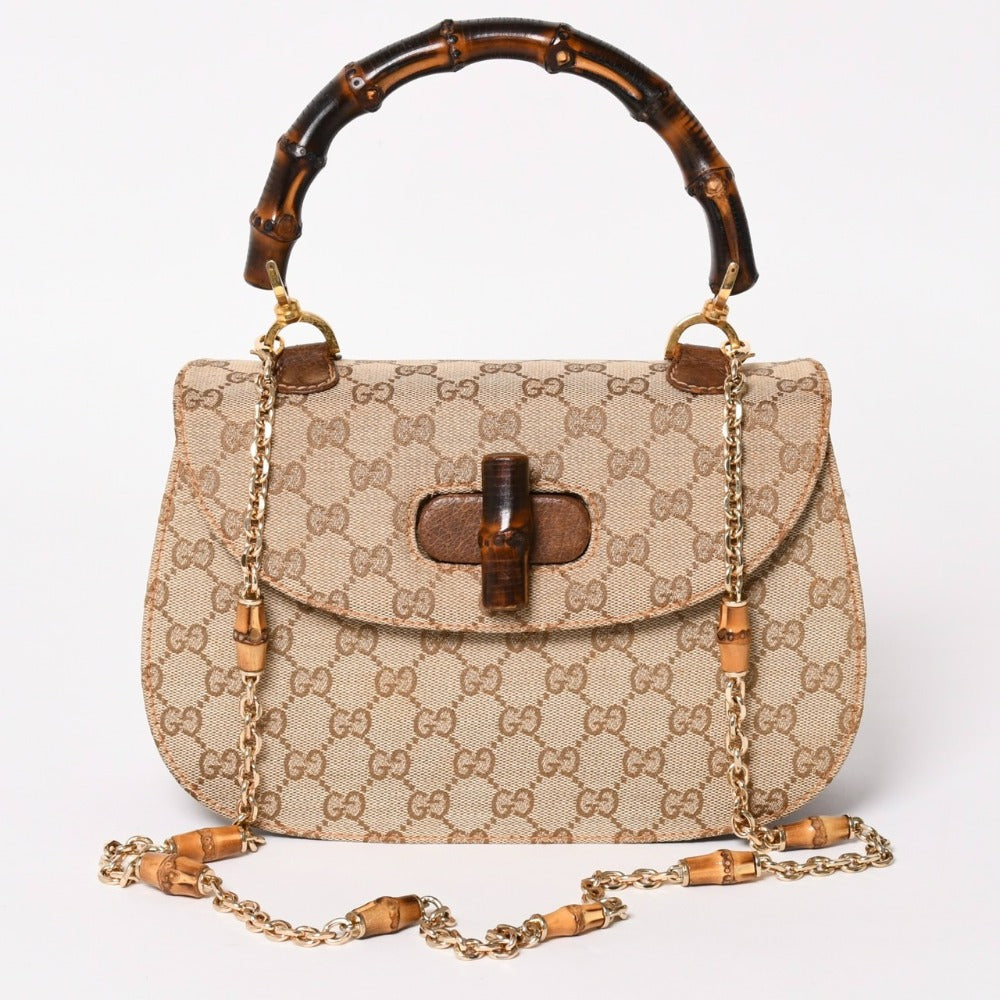 GUCCI グッチ バンブーハンドバッグ オールドグッチ ショルダーバッグ GGキャンバス バンブー ブラウン ベージュ ターンロック 美品 中古 4a003328