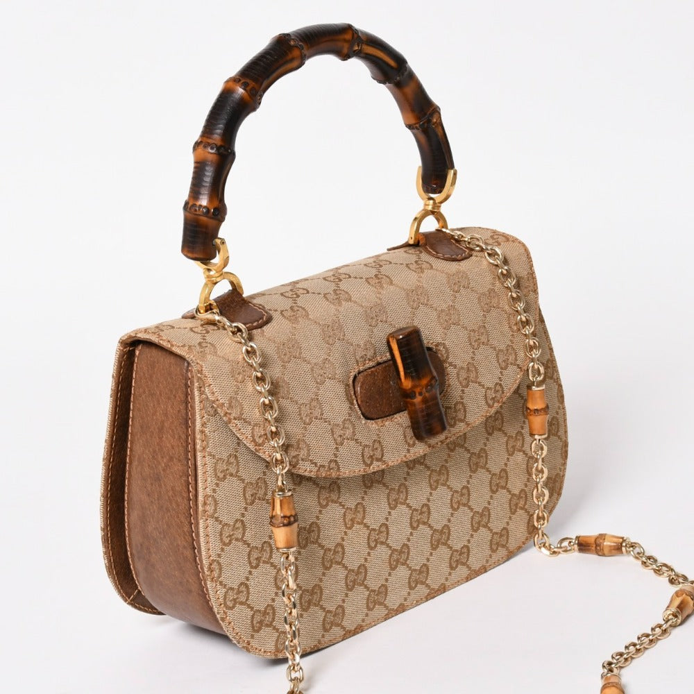 GUCCI Gucci Bamboo Handbag Old Gucci Shoulder Bag GG Canvas Bamboo Brown Beige Turnlock Good Condition Used 4a003328