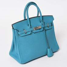 Load image into Gallery viewer, 極美品 HERMES エルメス ハンドバッグ □I刻印 バーキン25 シェーブル ターコイズ シルバー金具 中古 4a003290