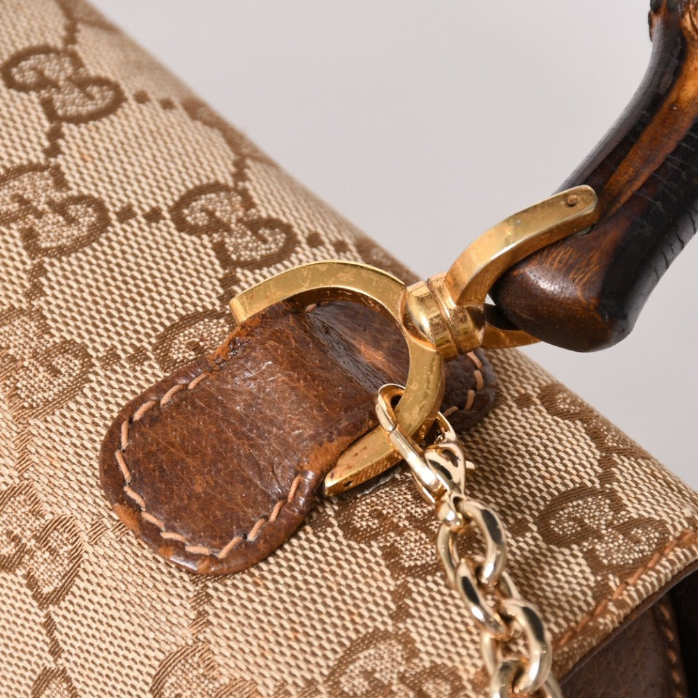 GUCCI Gucci Bamboo Handbag Old Gucci Shoulder Bag GG Canvas Bamboo Brown Beige Turnlock Good Condition Used 4a003328