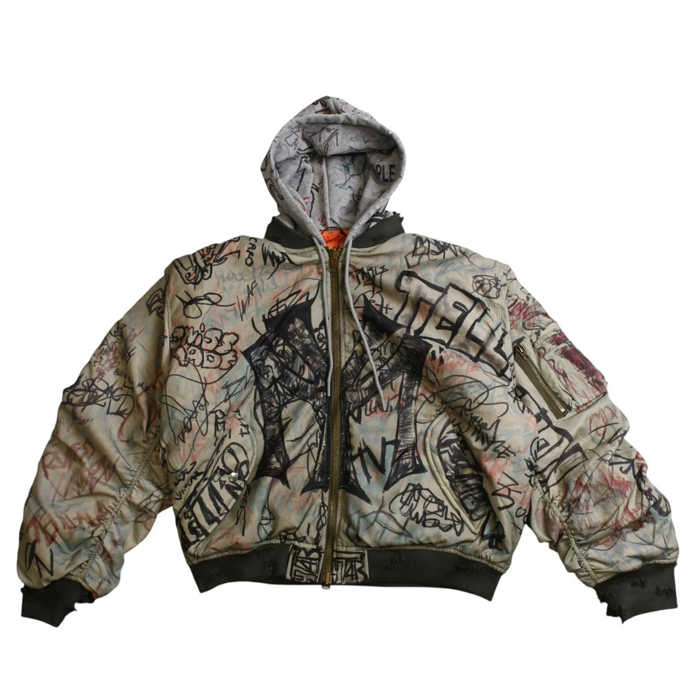 新品未使用 MOWALOLA モワローラ GRAFFITI BOMBER グラフィティ ボンバージャケット サイズL カーキ マルチカラー 中古 4a003400