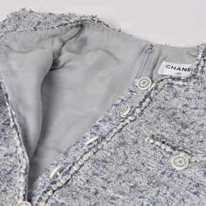 CHANEL シャネル ルサージュ ファンシーツイードドレス P60284V45762 サイズ42 ココマーク ノーカラー ブルー ホワイト 美品 中古 4a003301