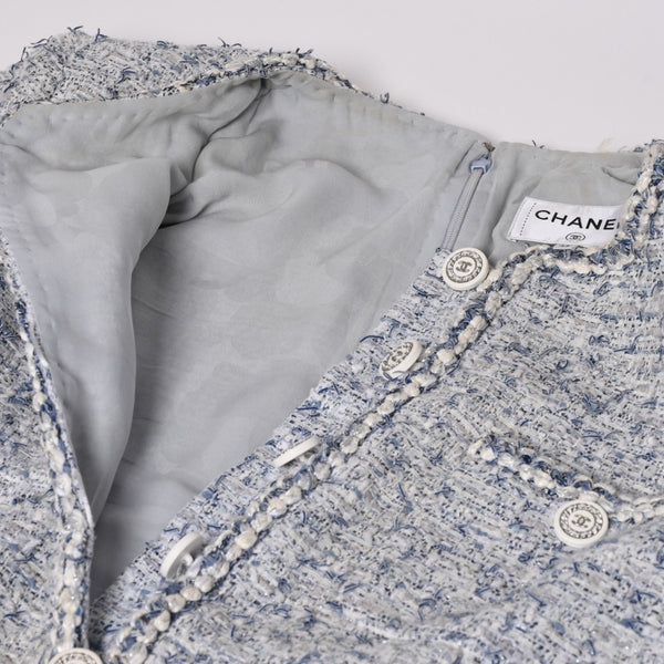 CHANEL シャネル ルサージュ ファンシーツイードドレス P60284V45762 サイズ42 ココマーク ノーカラー ブルー ホワイト 美品 中古 4a003301