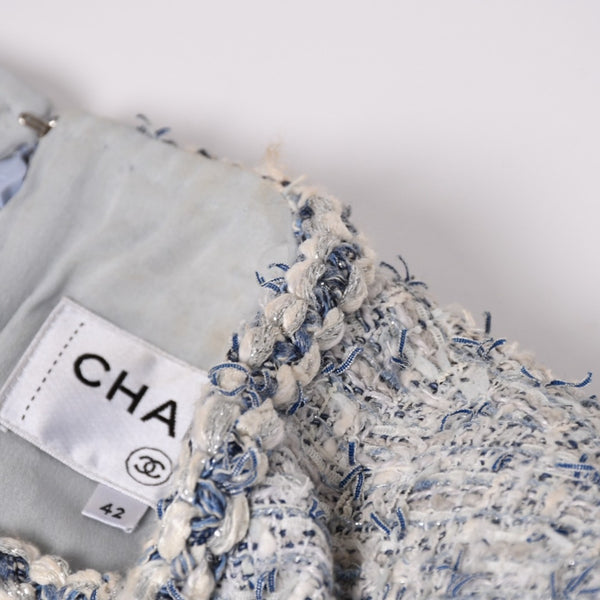 CHANEL シャネル ルサージュ ファンシーツイードドレス P60284V45762 サイズ42 ココマーク ノーカラー ブルー ホワイト 美品 中古 4a003301