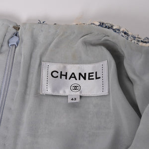 CHANEL シャネル ルサージュ ファンシーツイードドレス P60284V45762 サイズ42 ココマーク ノーカラー ブルー ホワイト 美品 中古 4a003301