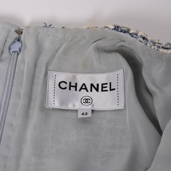 CHANEL シャネル ルサージュ ファンシーツイードドレス P60284V45762 サイズ42 ココマーク ノーカラー ブルー ホワイト 美品 中古 4a003301