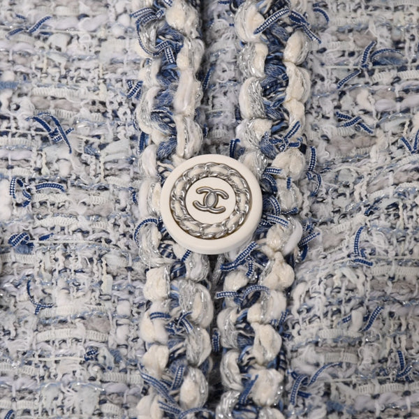 CHANEL シャネル ルサージュ ファンシーツイードドレス P60284V45762 サイズ42 ココマーク ノーカラー ブルー ホワイト 美品 中古 4a003301