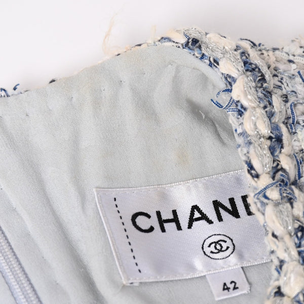 CHANEL シャネル ルサージュ ファンシーツイードドレス P60284V45762 サイズ42 ココマーク ノーカラー ブルー ホワイト 美品 中古 4a003301