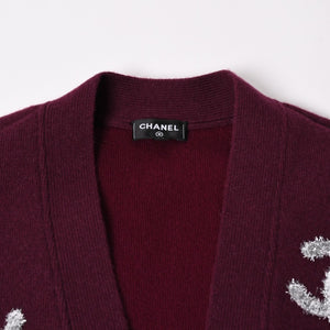 極美品 CHANEL シャネル オールオーバーCCマークグリッターカシミヤカーディガン バーガンディ シルバーグリッター カシミヤ 2022年 P72997K10494 中古 4a002897