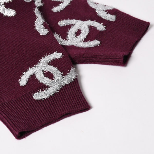 極美品 CHANEL シャネル オールオーバーCCマークグリッターカシミヤカーディガン バーガンディ シルバーグリッター カシミヤ 2022年 P72997K10494 中古 4a002897