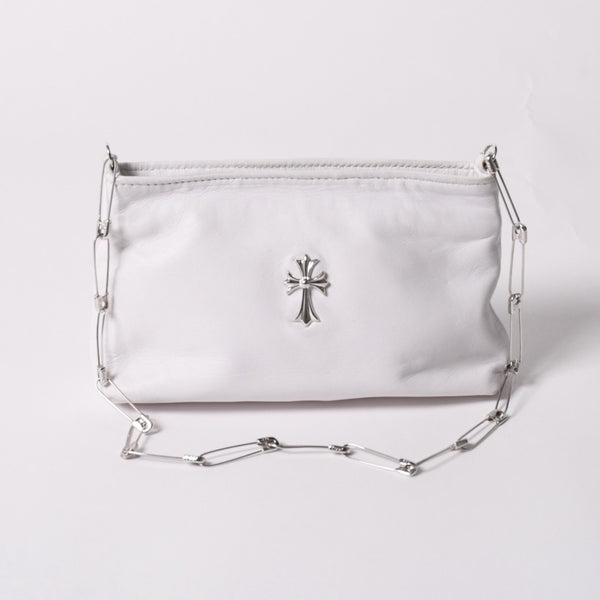 極美品 CHROME HEARTS クロムハーツ セーフティピン ポーチ ショルダーバッグ ホワイト シルバー金具 中古 4a003344