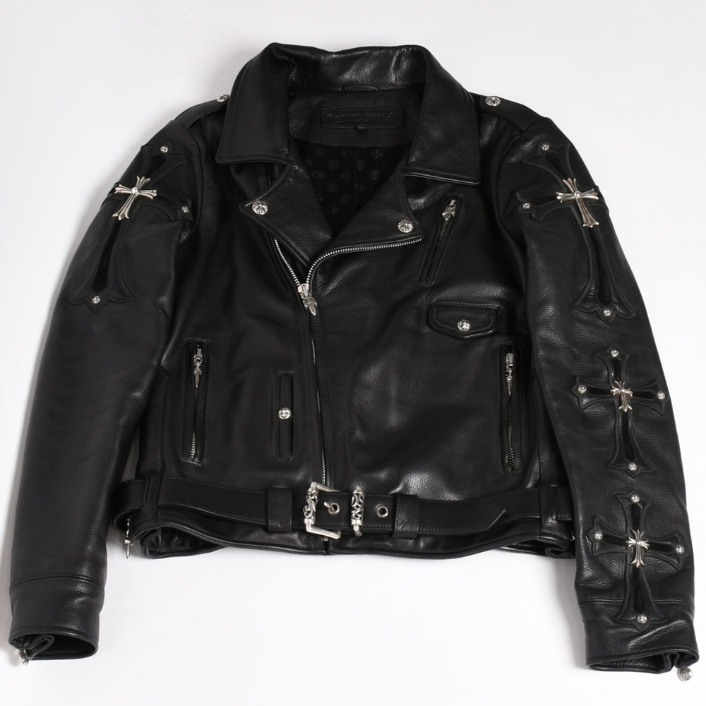 極美品 CHROME HEARTS クロムハーツ SLUFF LTHR スラフ ライダースジャケット サイズS ラージCHクロス装飾 ブラック 中古 4a003352