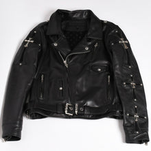 画像をギャラリービューアに読み込む, 極美品 CHROME HEARTS クロムハーツ SLUFF LTHR スラフ ライダースジャケット サイズS ラージCHクロス装飾 ブラック 中古 4a003352