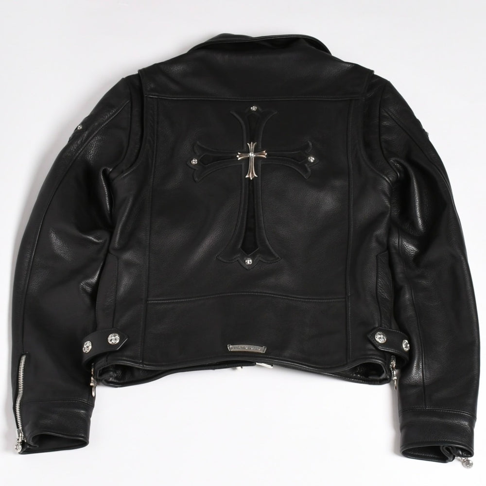 極美品 CHROME HEARTS クロムハーツ SLUFF LTHR スラフ ライダースジャケット サイズS ラージCHクロス装飾 ブラック 中古 4a003352