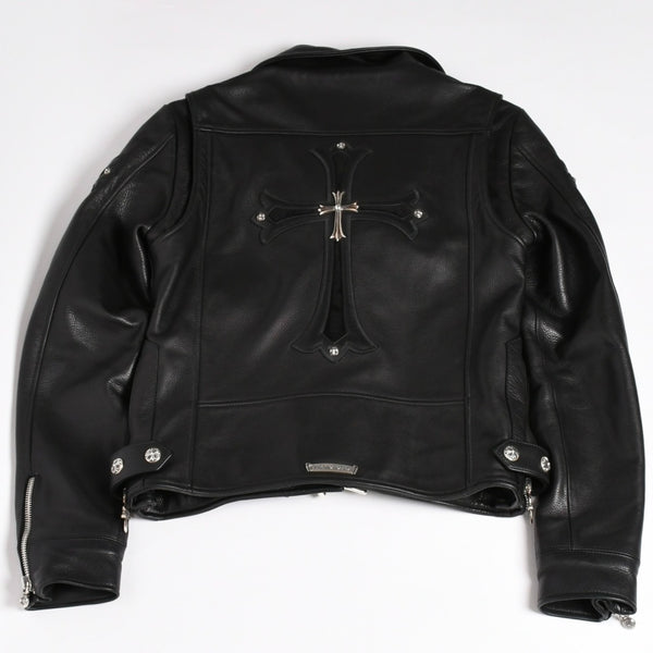 極美品 CHROME HEARTS クロムハーツ SLUFF LTHR スラフ ライダースジャケット サイズS ラージCHクロス装飾 ブラック 中古 4a003352