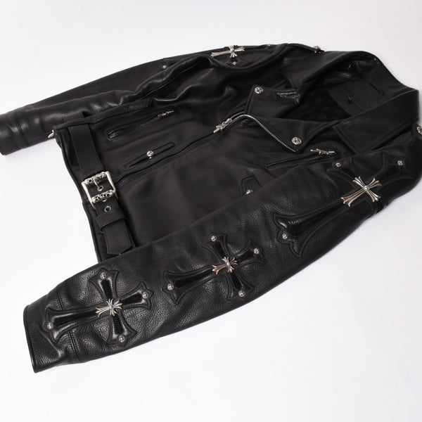 極美品 CHROME HEARTS クロムハーツ SLUFF LTHR スラフ ライダースジャケット サイズS ラージCHクロス装飾 ブラック 中古 4a003352