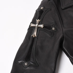 極美品 CHROME HEARTS クロムハーツ SLUFF LTHR スラフ ライダースジャケット サイズS ラージCHクロス装飾 ブラック 中古 4a003352