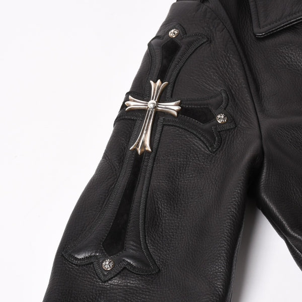 極美品 CHROME HEARTS クロムハーツ SLUFF LTHR スラフ ライダースジャケット サイズS ラージCHクロス装飾 ブラック 中古 4a003352