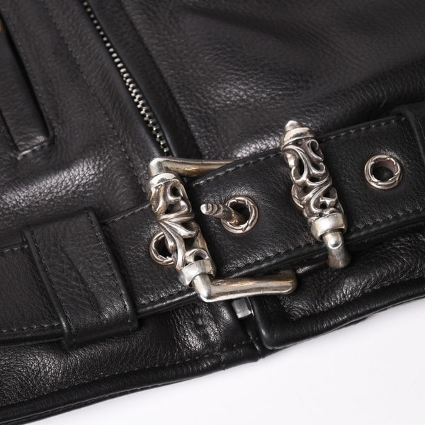 極美品 CHROME HEARTS クロムハーツ SLUFF LTHR スラフ ライダースジャケット サイズS ラージCHクロス装飾 ブラック 中古 4a003352