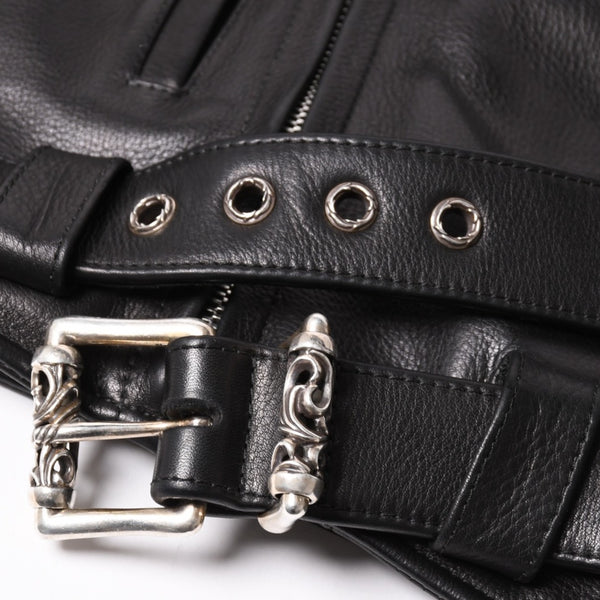極美品 CHROME HEARTS クロムハーツ SLUFF LTHR スラフ ライダースジャケット サイズS ラージCHクロス装飾 ブラック 中古 4a003352