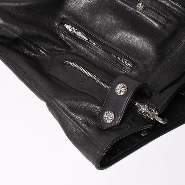 極美品 CHROME HEARTS クロムハーツ SLUFF LTHR スラフ ライダースジャケット サイズS ラージCHクロス装飾 ブラック 中古 4a003352
