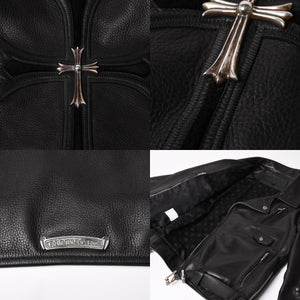 極美品 CHROME HEARTS クロムハーツ SLUFF LTHR スラフ ライダースジャケット サイズS ラージCHクロス装飾 ブラック 中古 4a003352