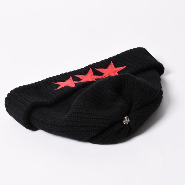 新品未使用 CHROME HEARTS クロムハーツ スターパッチ カシミヤ ニットキャップ ビーニー ONE SIZE 53-60 3パッチ クロスボール 中古 4a003338
