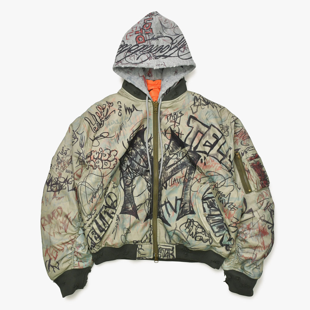 新品未使用 MOWALOLA モワローラ GRAFFITI BOMBER グラフィティ ボンバージャケット サイズM カーキ マルチカラー 中古 4a003399
