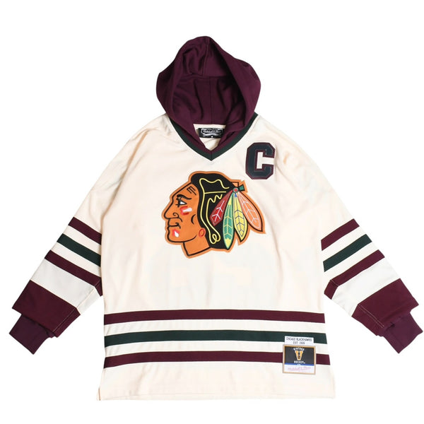Very good condition Mitchell&Ness Mitchell &amp; Ness JUST DON Chicago BlackHawks Jersey Hoodie, Ivory, Size M, Used, 4a002314