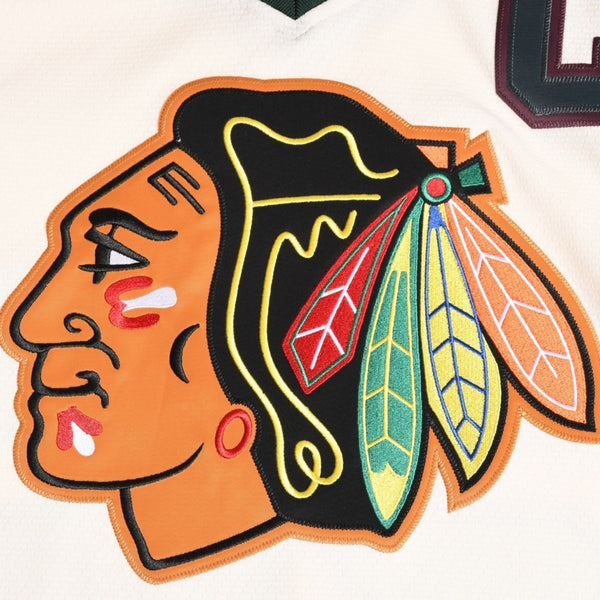 Very good condition Mitchell&Ness Mitchell &amp; Ness JUST DON Chicago BlackHawks Jersey Hoodie, Ivory, Size M, Used, 4a002314