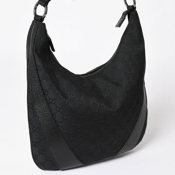 GUCCI グッチ GGキャンバスワンショルダーバッグ ホーボー ハンドバッグ ブラックレザー 124357 美品 中古 4a003512