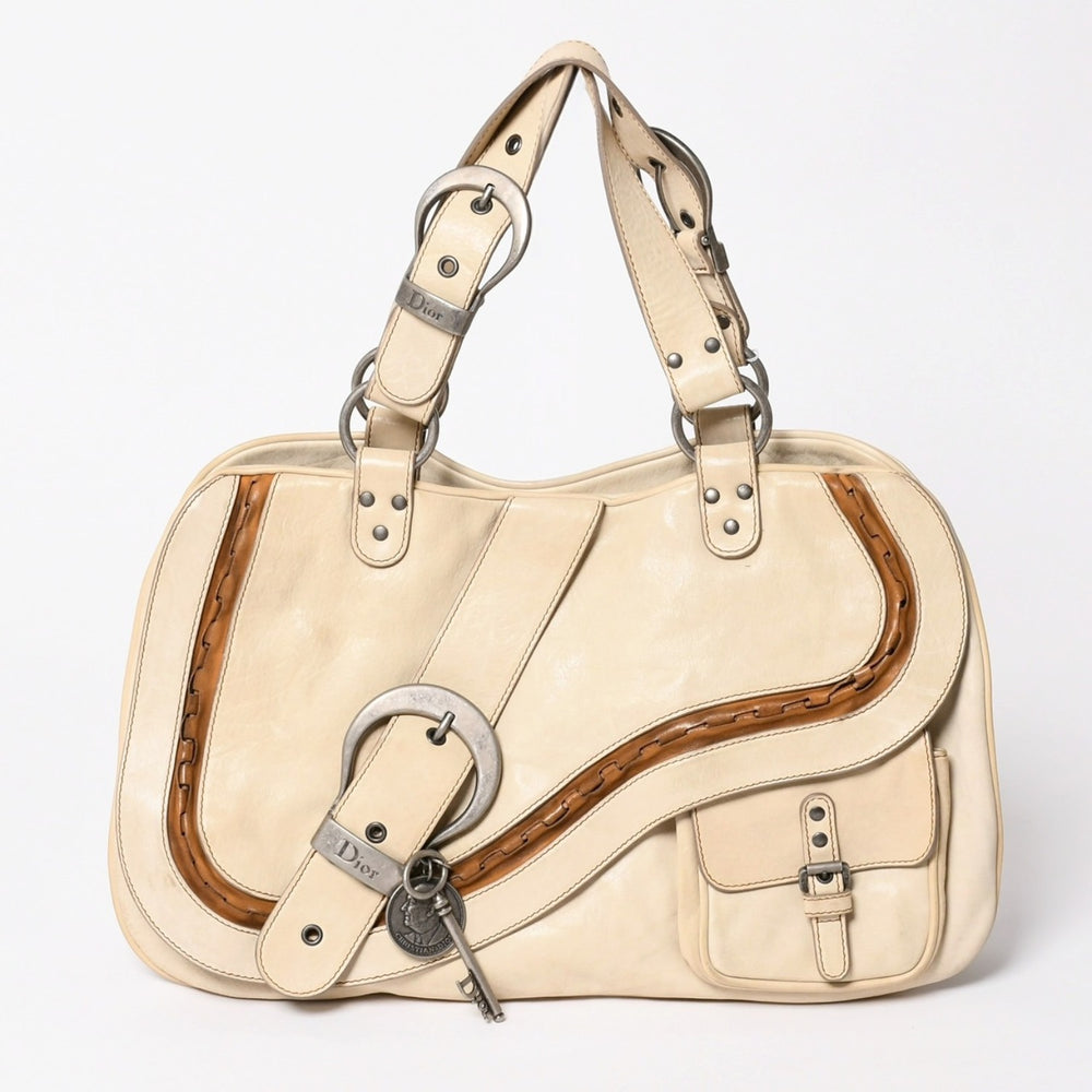 Christian Dior クリスチャンディオール ガウチョサドルトートバッグ ショルダーバッグ 08-MA-0046 ガリアーノ期 2006SS レザー ベージュ 美品 中古 4a003501