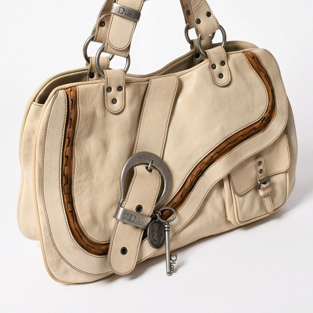 Christian Dior Gaucho Saddle Tote Bag Shoulder Bag 08-MA-0046 Galliano Period 2006SS Leather Beige Good Condition Used 4a003501