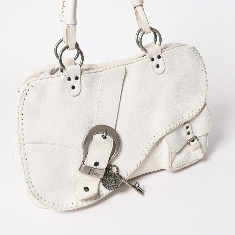 Christian Dior Gaucho Shoulder Bag WS28600 Galliano Period Saddle Bag 2006SS White 05-MA-0016 Silver Hardware Good Condition Used 4a003471