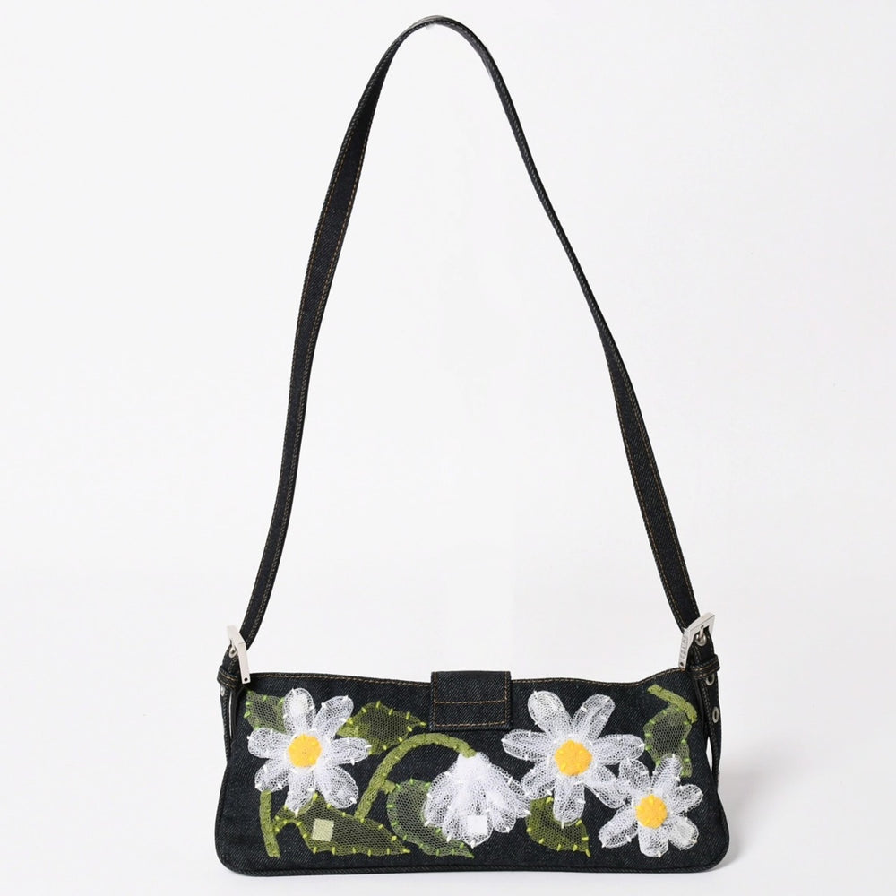 極美品 FENDI フェンディ マンマバケット フラワー デニム Shoulder Bag ショルダーバッグ ネイビー 中古 4a003652
