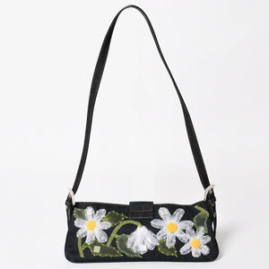極美品 FENDI フェンディ マンマバケット フラワー デニム Shoulder Bag ショルダーバッグ ネイビー 中古 4a003652