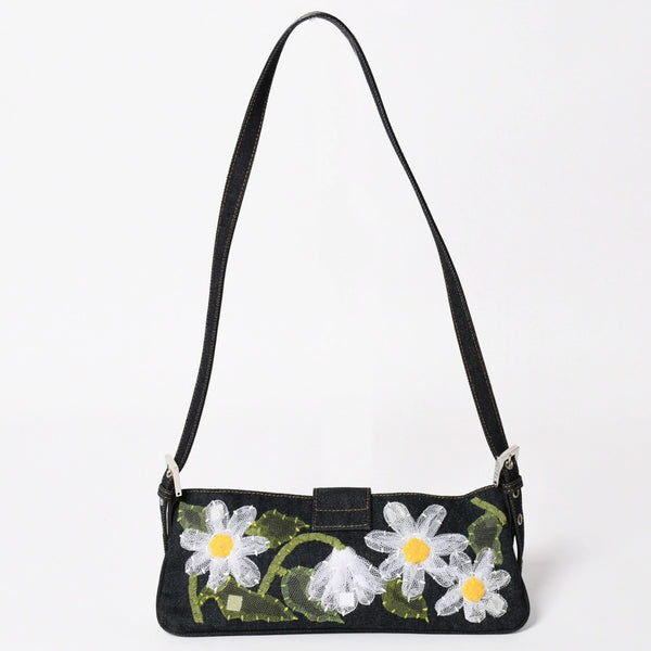 極美品 FENDI フェンディ マンマバケット フラワー デニム Shoulder Bag ショルダーバッグ ネイビー 中古 4a003652